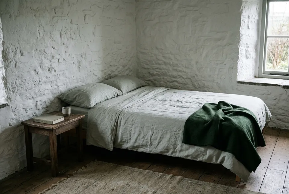 La chambre La Source : un lit en linge gris-vert pâle dans un angle de murs chaulés, avec une couverture verte, une table de chevet en bois et une fenêtre à droite.