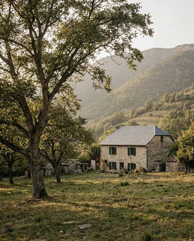 Une ferme de pierre claire au toit d’ardoise grise et aux volets vert sombre, au bout d’un pré, avec un grand noyer au premier plan et des collines boisées derrière.