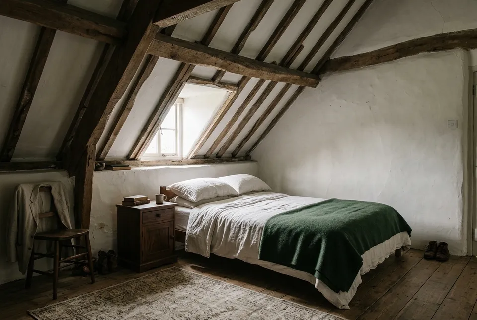 La chambre Le Fenil : un lit double sous la charpente, avec une couverture de laine verte, des poutres apparentes, des murs blancs et une petite lucarne.