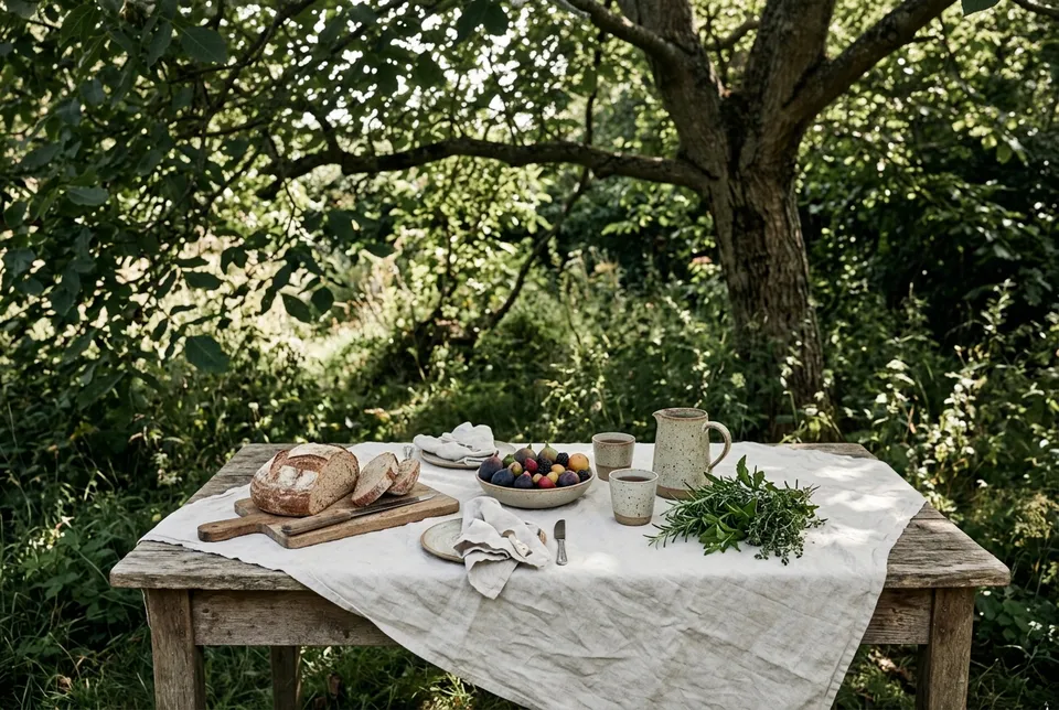 Une table en bois patiné sous un noyer, avec une nappe de lin, un pain rond, une coupe de figues, un pichet en céramique, deux tasses et un bouquet d’herbes.