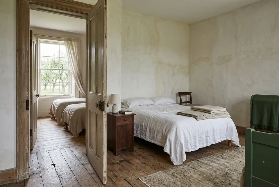 La suite Les Noyers : une chambre avec un lit double en linge blanc, et par la porte ouverte une seconde pièce avec deux lits simples devant une fenêtre sur un verger.