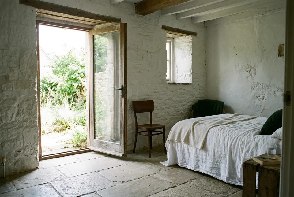 La chambre La Grange : un lit en linge blanc contre un mur chaulé, une chaise en bois, un sol de dalles de pierre et une porte vitrée ouverte sur le jardin.