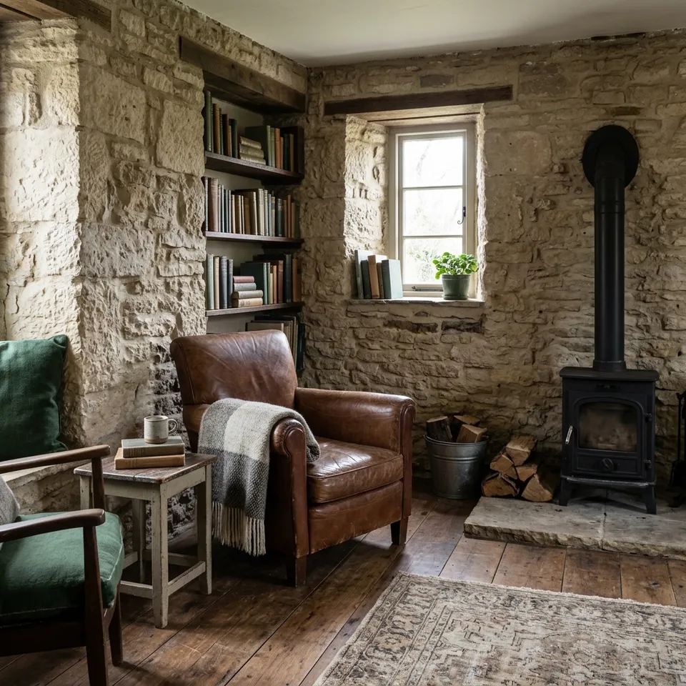 Un coin lecture aux murs de pierre apparente : un fauteuil de cuir brun avec un plaid, des étagères de livres, un poêle noir et une petite fenêtre profonde.