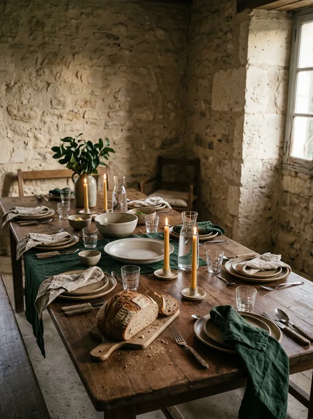 Une longue table en bois dressée pour un dîner dans une salle de pierre, avec un chemin de table vert, des bougies allumées, de la vaisselle en grès et un pain.